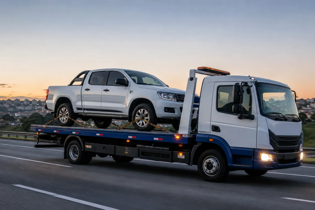 Caminhonete transportada em plataforma em contexto rodoviário