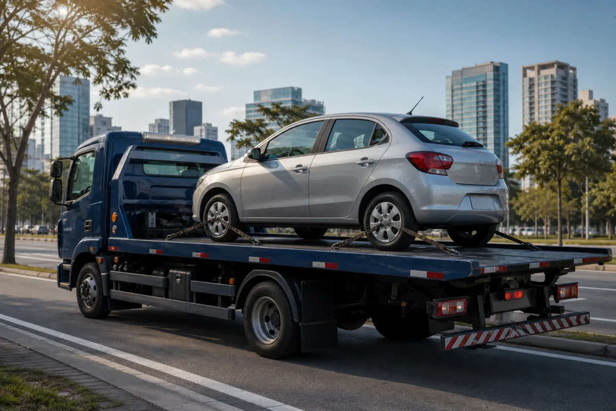 Carro compacto transportado em caminhão plataforma