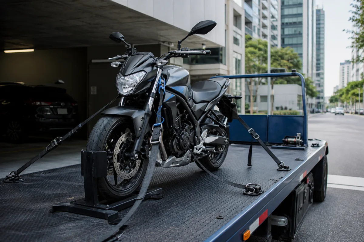 Moto presa corretamente em plataforma de transporte